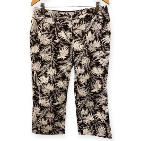 Michael Kors 10 Cropped Capri Pants White Brown Palm Print Tropical Mid Rise - Picture 1 of 11